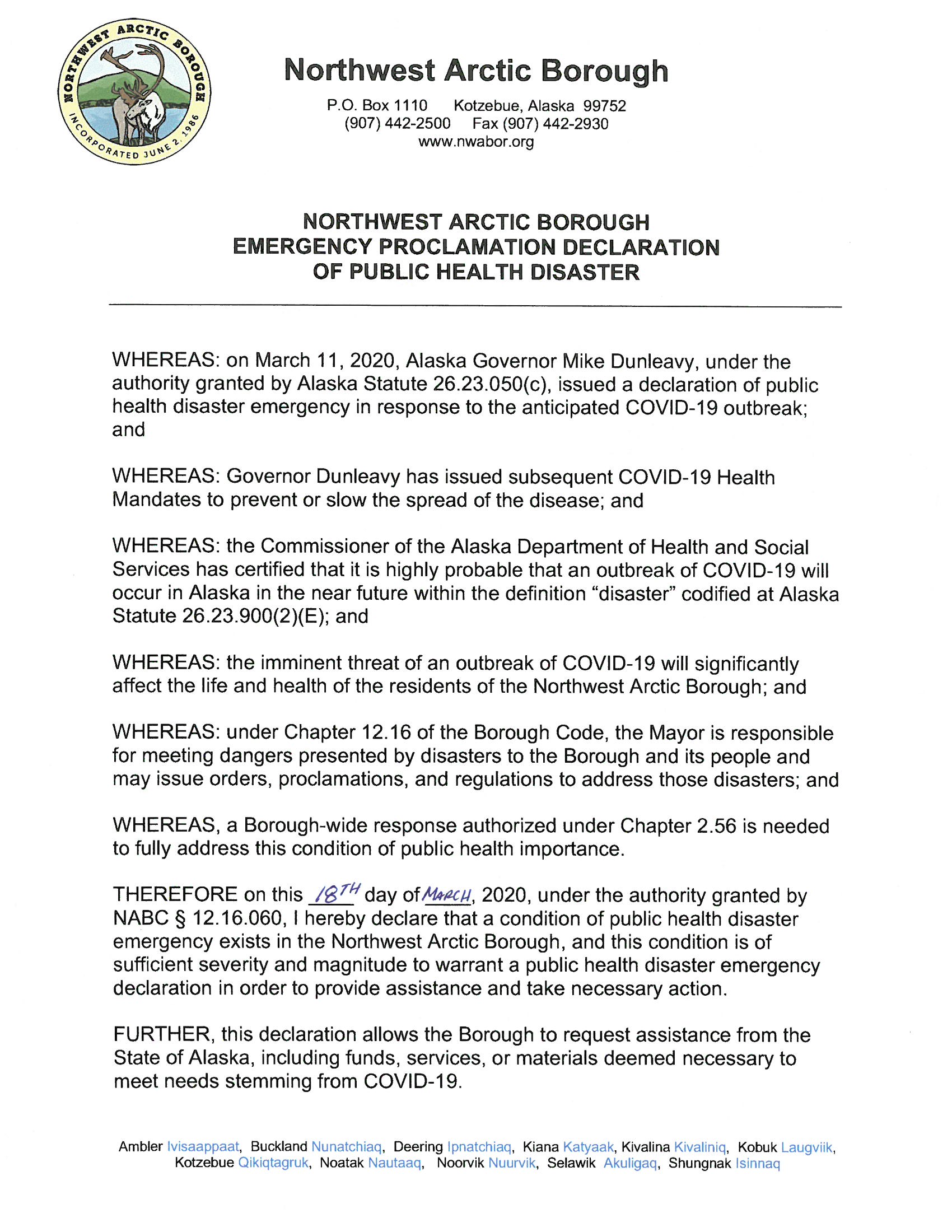 Notice of Declaration – Northwest Arctic Borough Mail From The Offices Of Records Of Declaration/disbursements Division